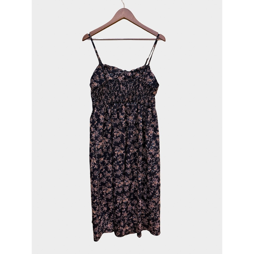 Shein Black Floral Midi Dress Smocked Back Tie Front 1XL Cottagecore Boho - Picture 6 of 10